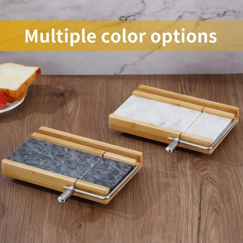 Bamboo & Marble Cheese Slicer w/ 4 Wires | Heavy Duty Butter Cutter Board Stand